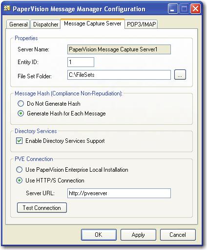 Chapter 3 Configuration 4. Click the Message Capture Server tab to modify the settings for your PaperVision Message Capture Server component.
