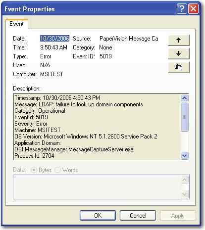 Chapter 4 Monitoring PaperVision Message Manager 3. Double-click an entry to display the Event Properties window. The Event Properties dialog appears.