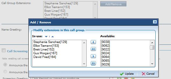 Call Group Call Screening Options 1. Choose whether to announce the caller name and connect immediately without action needed or announce the caller name and wait for dial pad key command.