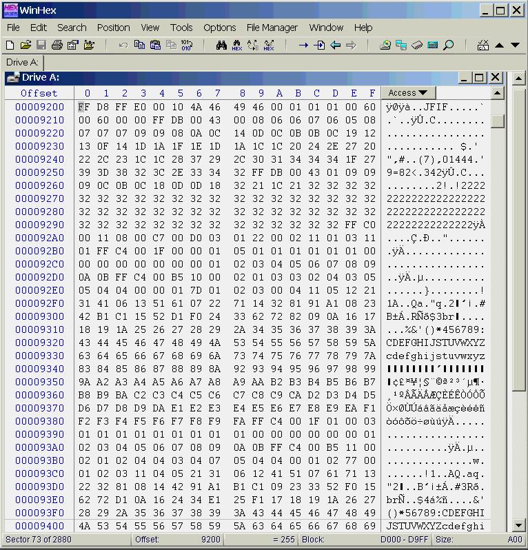 Hex Dump of COVERP~1.JPG File starts at sector 73, as guessed -- we calculated the start at sector 42 but remember to add 31!