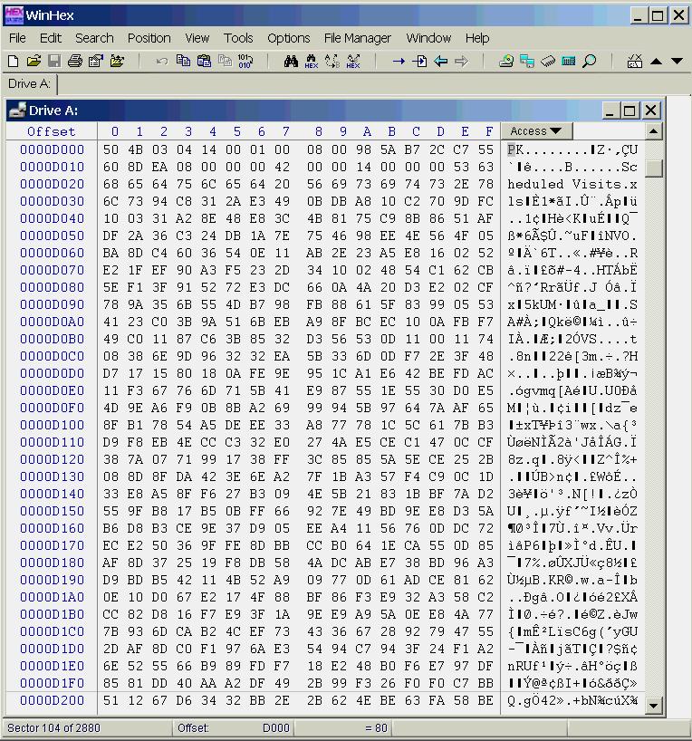 Hex Dump of SCHEDU~1.EXE File starts, as expected, at sector 104. Note the file signature at the beginning: 50 4B (the string PK), indicative of a ZIP file.