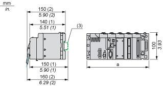 Product data sheet Dimensions Drawings BMXEHC0200 Modules Mounted on Racks Dimensions (1) With removable terminal block (cage, screw or spring). (2) With FCN connector.