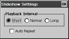 Making Slideshow Settings Tapping Settings button displays a dialog box for controlling the playback interval and the repeat setting. Playback Interval.