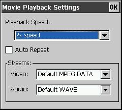 Making Playback Speed and Repeat Settings Playback speed and repeat settings are made using the Options dialog box that appears when you tap Options. Playback Speed... Use this list box to select a faster or slower speed for movie playback.