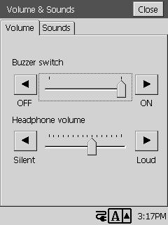 Volume & Sounds The Volume & Sounds setup screen has two tabs, named Volume and Sounds.