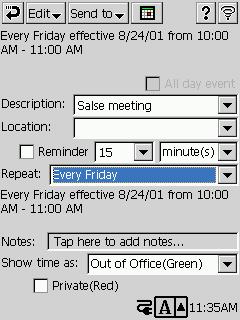 Show time as Free Tentative Busy Out of Office Data Color Turquoise Pink Blue Green An appointment for which the Private option is selected is always displayed in red.