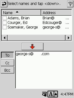 To input a mail address from Contacts 1. On the message editing screen, tap the Contacts button. This displays the screen shown below. 2.