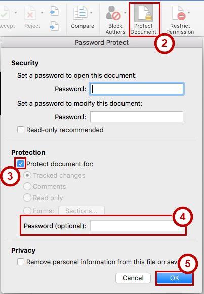 Disable Lock Tracking 1. Click the Review tab. 2. In the Review tab, click Protect Document. The Password Protect window appears (See Figure 16). 3.