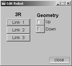 Figure 6: The Edit Robot dialog Joint: To select the required joint-type, revolute or prismatic, check the corresponding check box.
