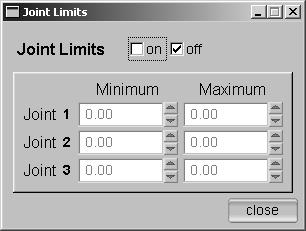 Figure 12: The Joint Limits dialog (Fig. 13). All the saved postures of the loaded robot are displayed in a list box.