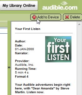 Use bookmarks To check the audio books transferred to the player, See the player pane on AudibleManager. If necessary, click Refresh Device.