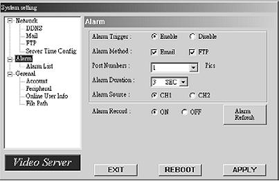 ALARM Press the button to enter the system setting page. 1. Alarm Trigger: Enable or disable the email and FTP notification function. 2. Alarm Method: Two notification methods: email and / or FTP. 3.