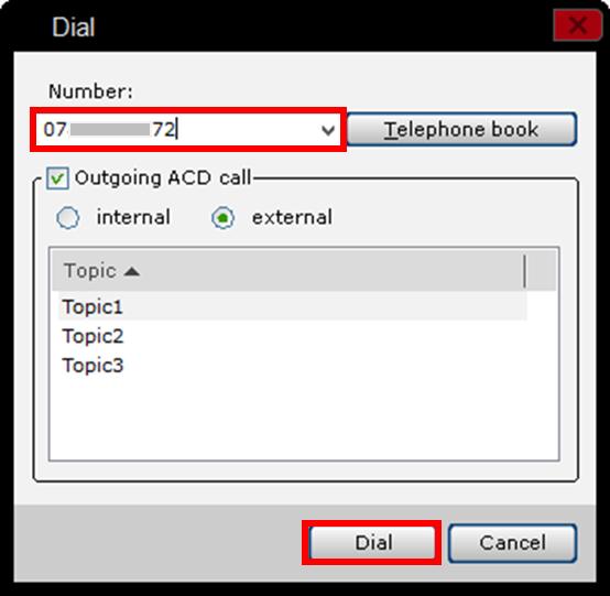 3. Enter the telephone number in the Number field and click the Dial button to