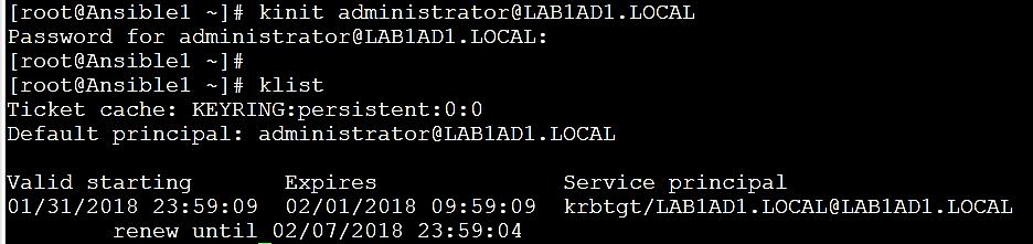 kinit administrator@lab1ad1.local You will be prompted for the administrator password klist You should see a Kerberos KEYRING record.