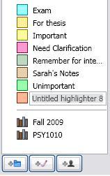 Managing Highlighters and Notes To add a new highlighter, click on the "New Highlighter" icon in the bottom left corner of the Bookshelf Window.