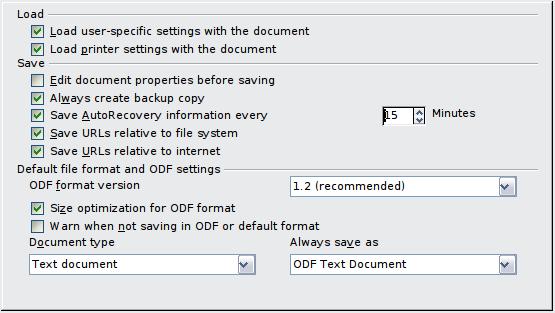 Figure 16: Choosing Load and Save options Load user-specific settings with the document When you save a document, certain settings are saved with it.