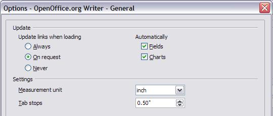 Choosing options for Writer Settings chosen on the pages in the OpenOffice.