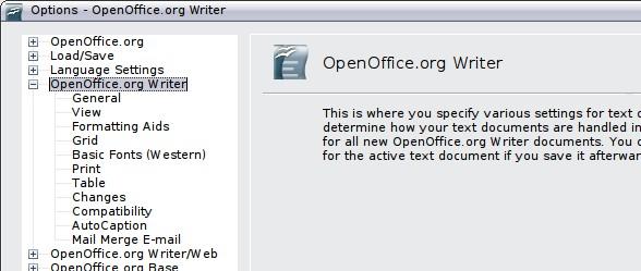 If the Options dialog box is not already open, click Tools > Options. Click the + sign by OpenOffice.org Writer on the left-hand side of the Options OpenOffice.