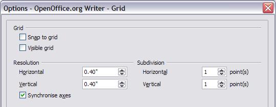 Figure 24: Choosing Grid options Default fonts The default fonts specified on the OpenOffice.org Writer Basic Fonts (Western) page apply to both Writer documents and HTML (Web) documents.
