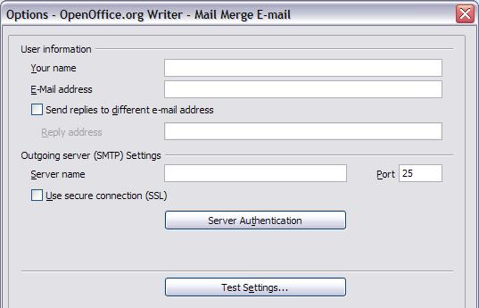 Use the OpenOffice.org Writer Mail Merge E-mail page to set up the user and server information for sending form letters by e-mail.