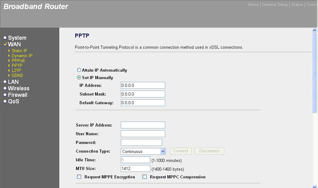 3.2.4 PPTP Select PPTP if your ISP requires the PPTP protocol to connect you to the Internet. Your ISP should provide all the information required in this section.