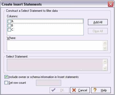 WORKING WITH TABLE DATA CREATE INSERT STATEMENTS DBArtisan lets you generate a set of INSERT statements based on rows of an existing table. 1 On the Datasource Explorer, select any Oracle datasource.