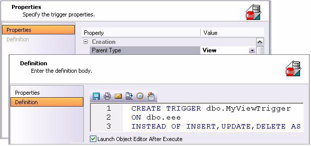 INSTEAD OF Triggers The Trigger Wizard and Trigger Editor have been updated to support the INSTEAD OF form of CREATE TRIGGER statements.