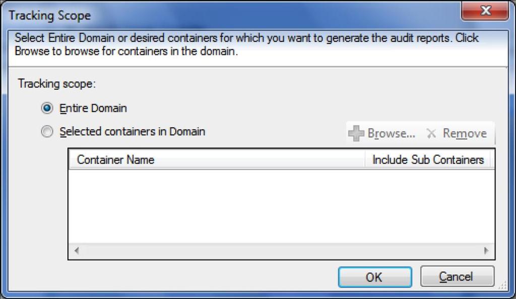 CHAPTER 4 ADChange Tracker Settings 7) In order to select specific containers, select selected containers in Domain option, and then click