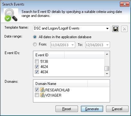 Specify the Date range and Event IDs to find in the application s Events History database. You can also select multiple events for search.