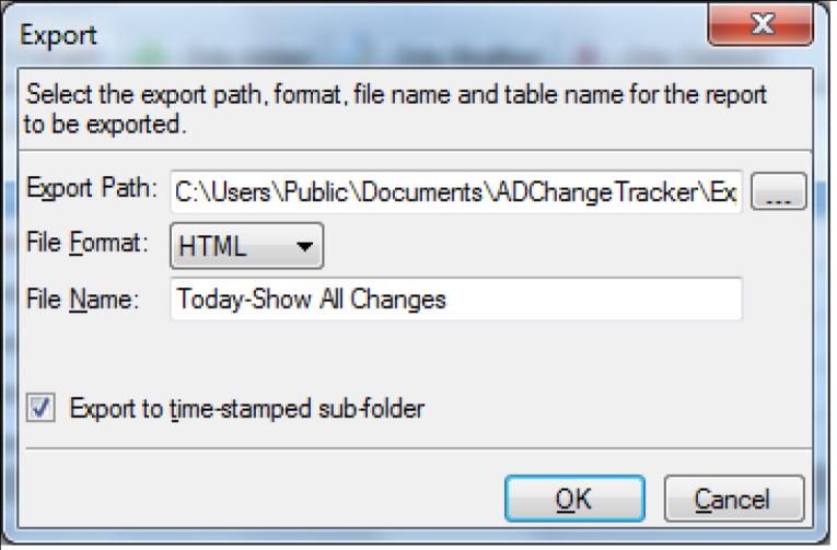 3.11 How to Export data? The Export feature helps the user to export report data generated by ADChangeTracker to a file using various formats namely HTML/CSV/XLSX.