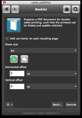 You can define if cutting marks should be added to each resulting page automatically as well as the sheet size and