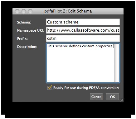 Here you can have a look at predefined schemas, data fields and value types or create your own to be embedded during conversion to PDF/A.