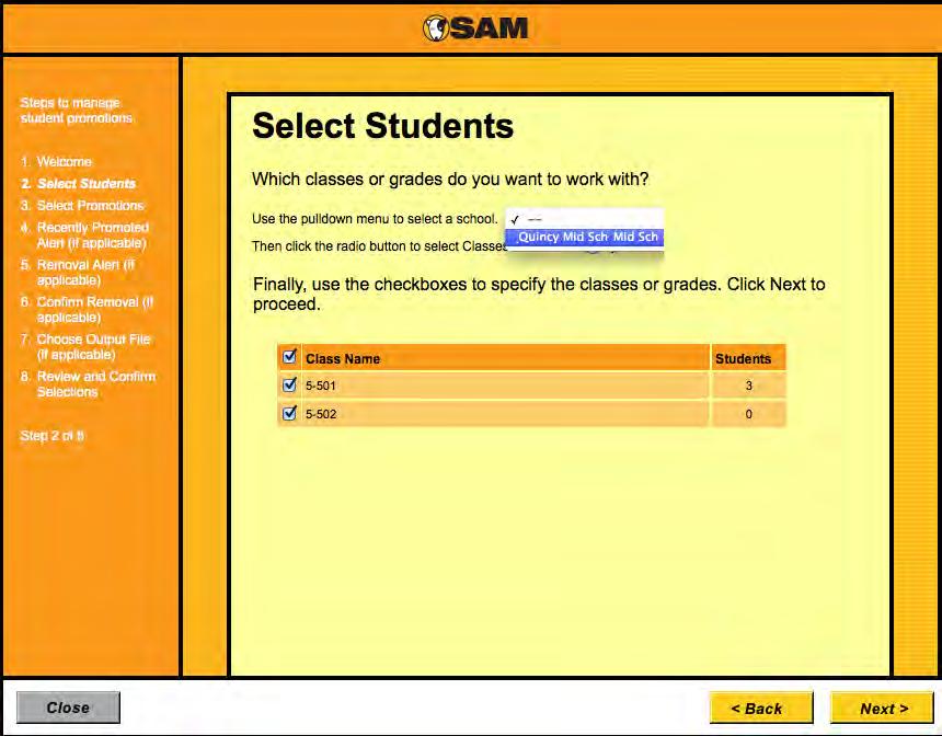 4. Use the pull-down menu to choose a school, and then use the buttons to select By Class or By Grade. Use the checkboxes to select the grade(s) or class(es) with students for promotion.