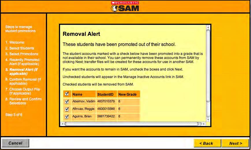Promoting students into a grade not in the existing SAM installation prompts a warning screen.