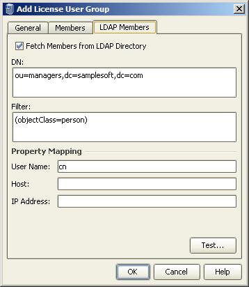 LDAP Members The LDAP Members page provides the ability to associate the users fetched from a LDAP directory with the License User Group.