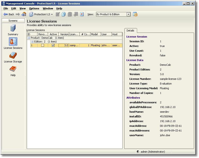 Note Figure 21: License Sessions Screen 3.4.2 Revoking License Sessions The Licensing Server Management Console provides the ability to revoke any of the currently running license sessions.