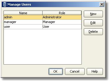 Figure 24: Manage Server Users Dialog There are several attributes that need to be specified for the Server user: 1. Name specifies user login name; 2. Password specifies user s password; 3.