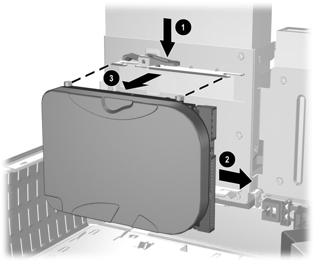 6. Press and hold the drive release latch 1. 7.