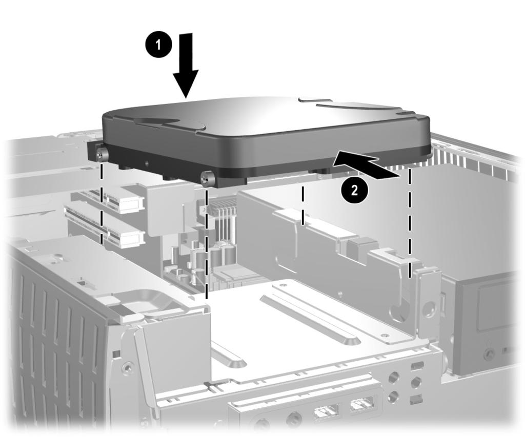 5. Insert the rear screws of the hard drive 1 into the rear J-slots. Slide the drive 2 toward the back of the drive cage until the front screws are aligned with the front J-slots.