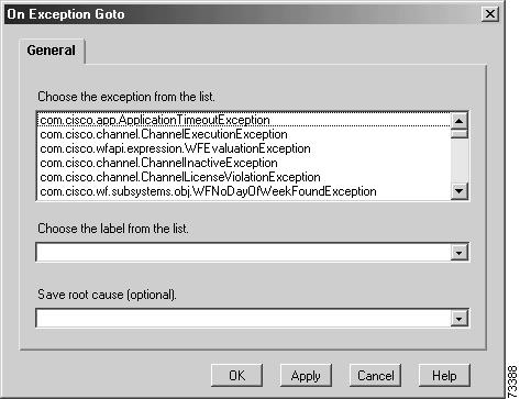 Script Step Reference Information General Steps Figure 58 On Exception Goto Customizer Window Table 17 describes the fields of the On Exception Goto customizer window.