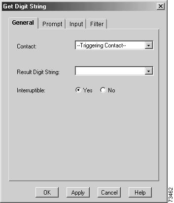 Media Steps Script Step Reference Information Figure 78 Get Digit String Customizer Window General Tab Table 34 describes the fields of the General tab.