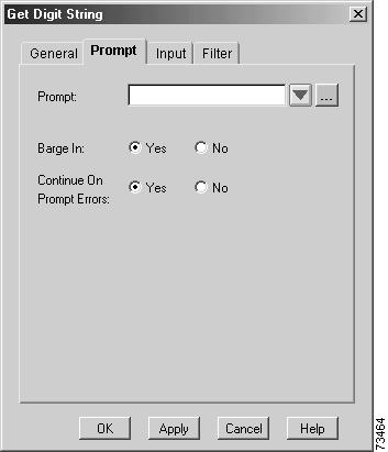Script Step Reference Information Media Steps Prompt Use the Prompt tab of the Get Digit String customizer window, as shown in Figure 79, to specify a prompt, and to set Barge In and Continue on