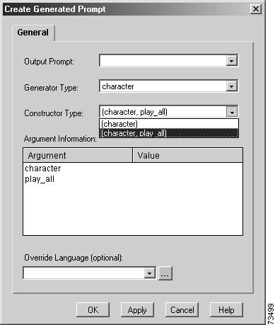 Script Step Reference Information Prompt Steps Figure 103 Create Generated Prompt Customizer Window Table 53 describes the fields of the Create Generated Prompt customizer window.