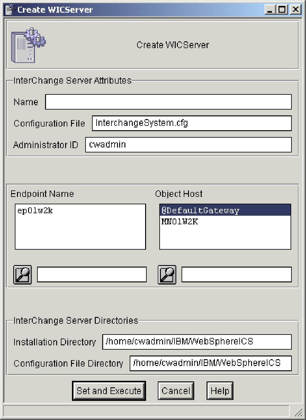 Figure 40. Create WICSerer window 3. Complete the fields and options in the Create WICSerer window as follows: Additional information: Refer to the online help for more information about this task. a. Type the InterChange Serer name in the Name field.