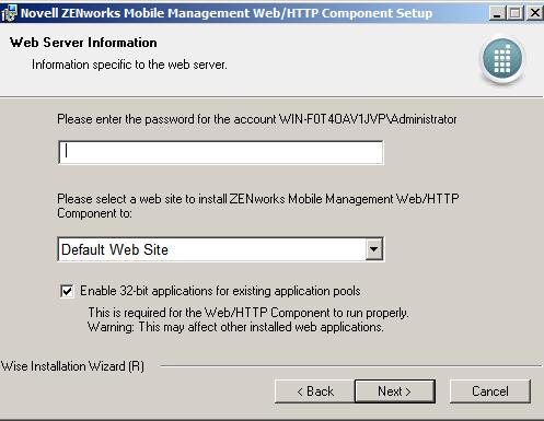 At the Web Server Information screen, enter the correct password for the Windows administrator account that is shown. Select the Web site to which you are installing.