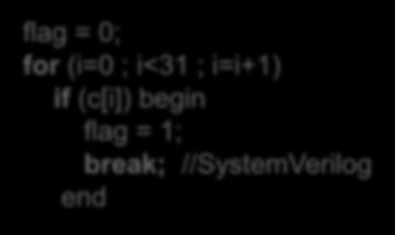 Priority Logic with for loops flag = 0; for (i=0 ; i<3 ; i=i+) if (c[i]) flag = ; Same as if if if flag = 0; for (i=0 ; i<3 ; i=i+) if (c[i]) begin flag = ; break; //SystemVerilog end