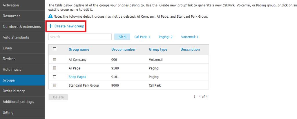 Note: by default all your phones are included into an All Company Paging Group with extension 9100, Standard Park Group with extension 9000. Creating a Group To create a group: 1.