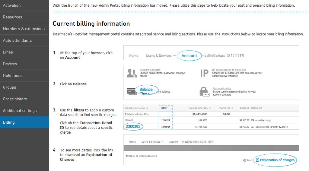 Finding Billing Information The Billing tab provides information on how to locate