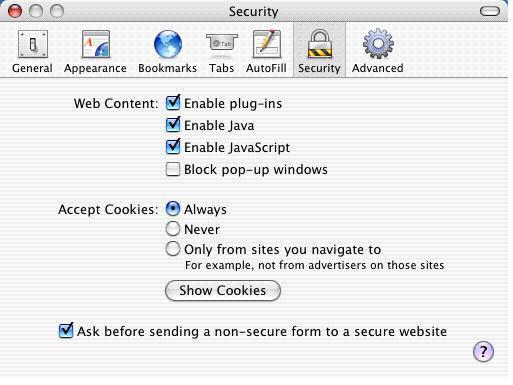 7.2.5 Java Enabled Safari Safari - navigate to Safari > Preferences. Click on the Security Tab and verify that the checkbox next to Enable Java is checked. 7.