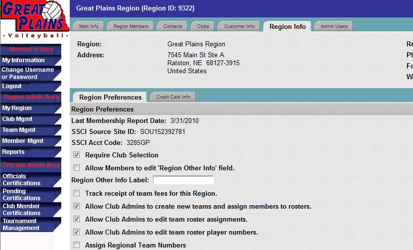Example 2: Require Club Selection box IS checked. Region Info - Region Preferences screen as viewed by Region Admin.